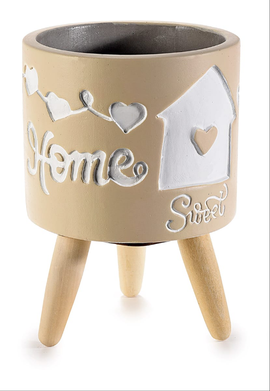 Vaso in cemento su treppiede in legno