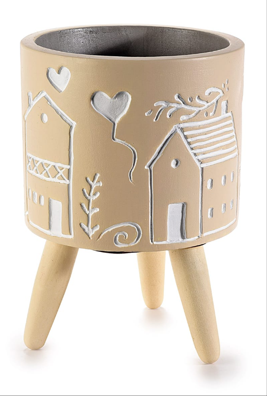 Vaso in cemento su treppiede in legno