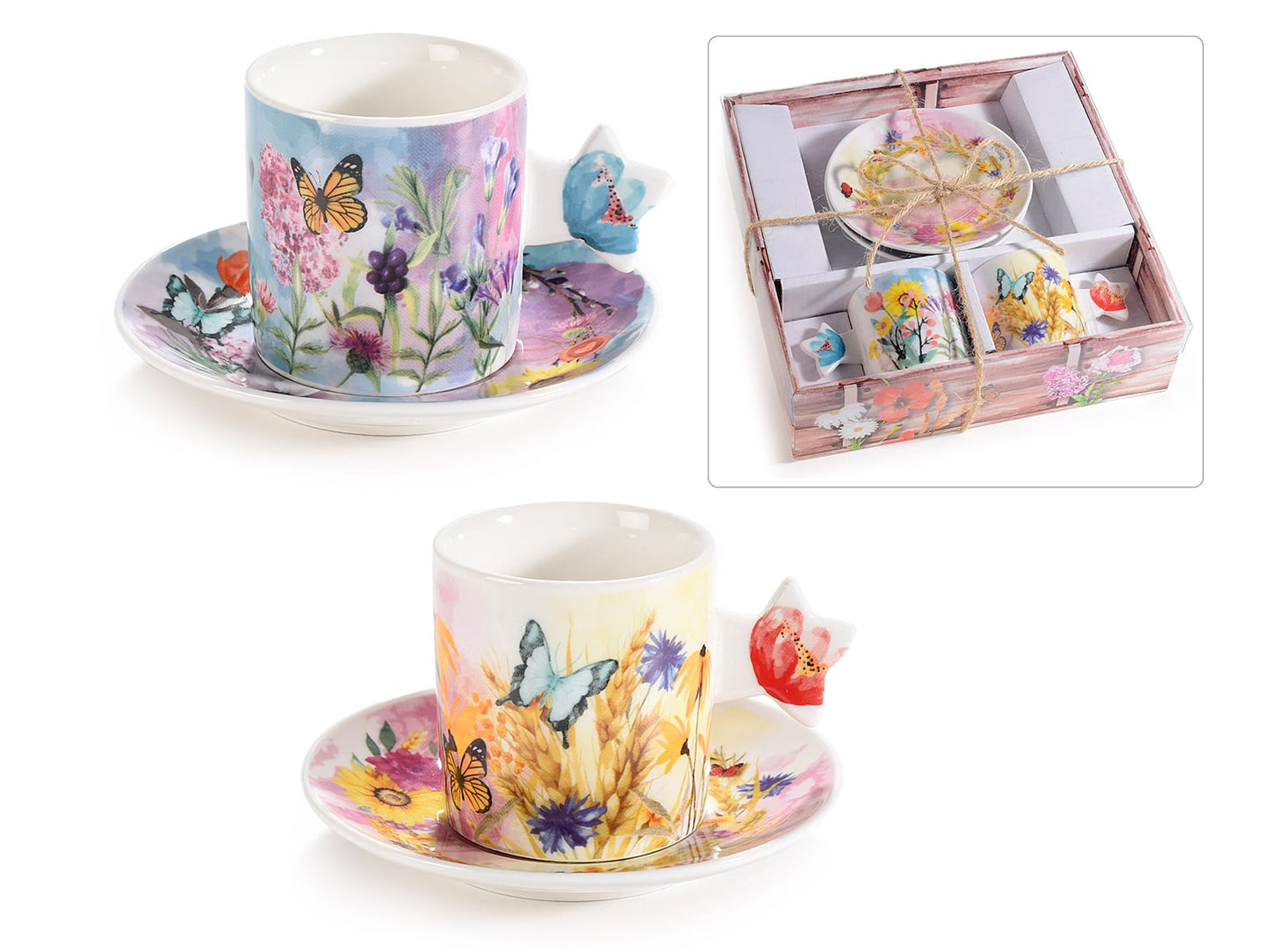 Set 2 tazzine con piattini fiori in scatola regalo