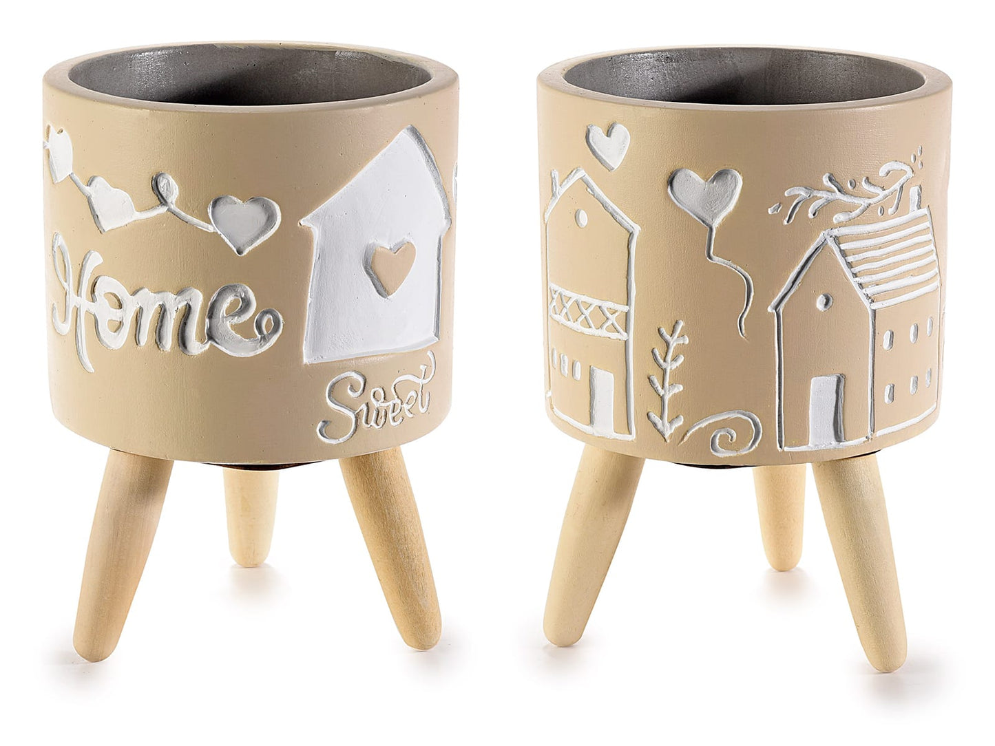 Vaso in cemento su treppiede in legno
