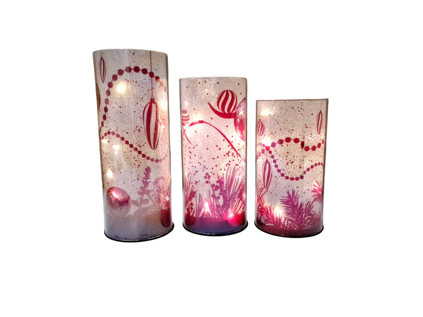 Set 3 lampade a cilindro in vetro decorato con luci Led