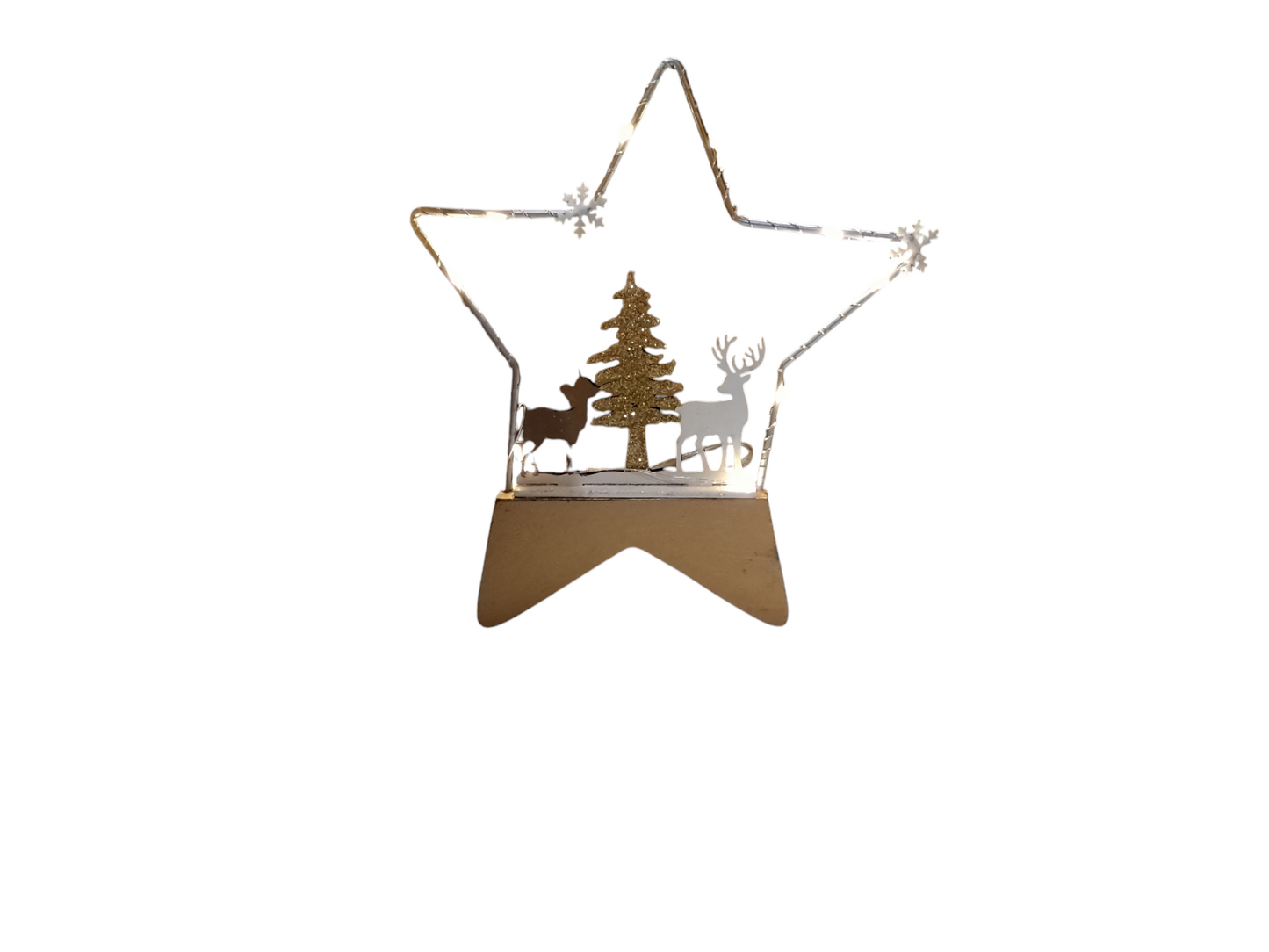 Stella in metallo con paesaggio e base in legno con luci led