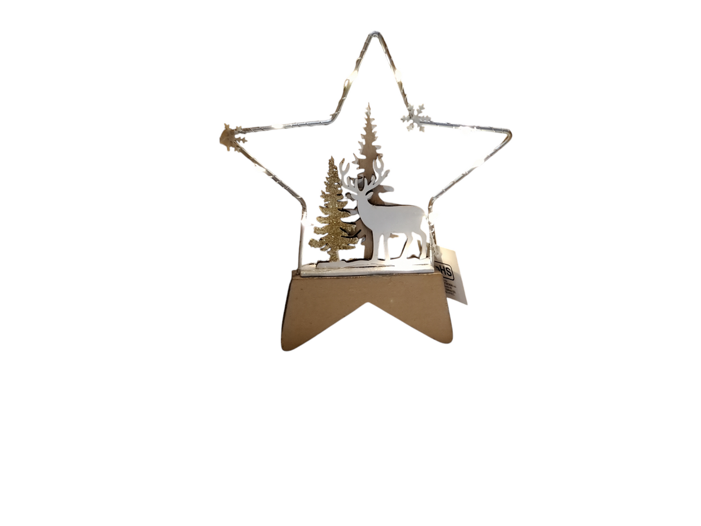 Stella in metallo con paesaggio e base in legno con luci led