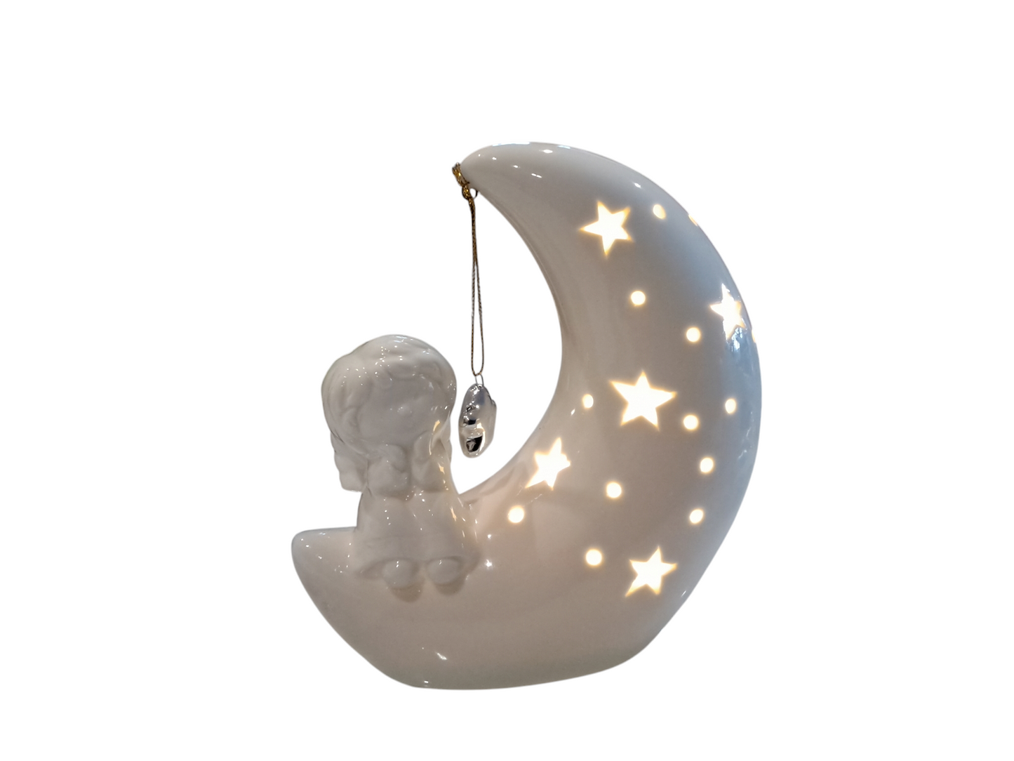Angelo su luna in ceramica con pendente in metallo