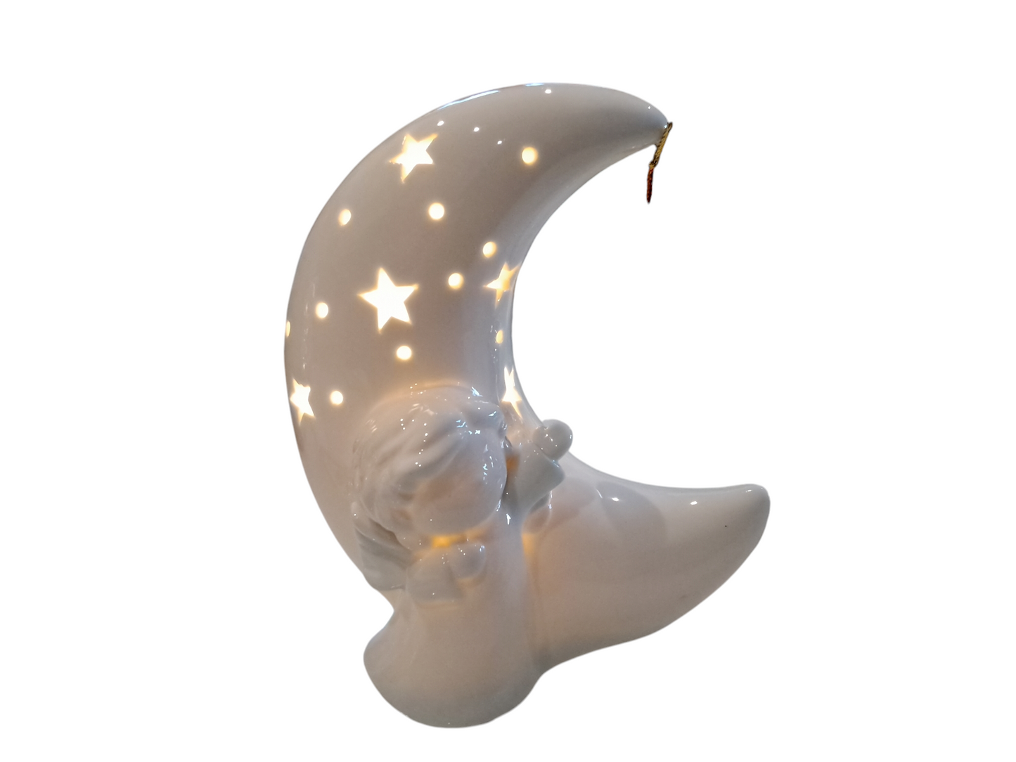 Angelo su luna in ceramica con pendente in metallo