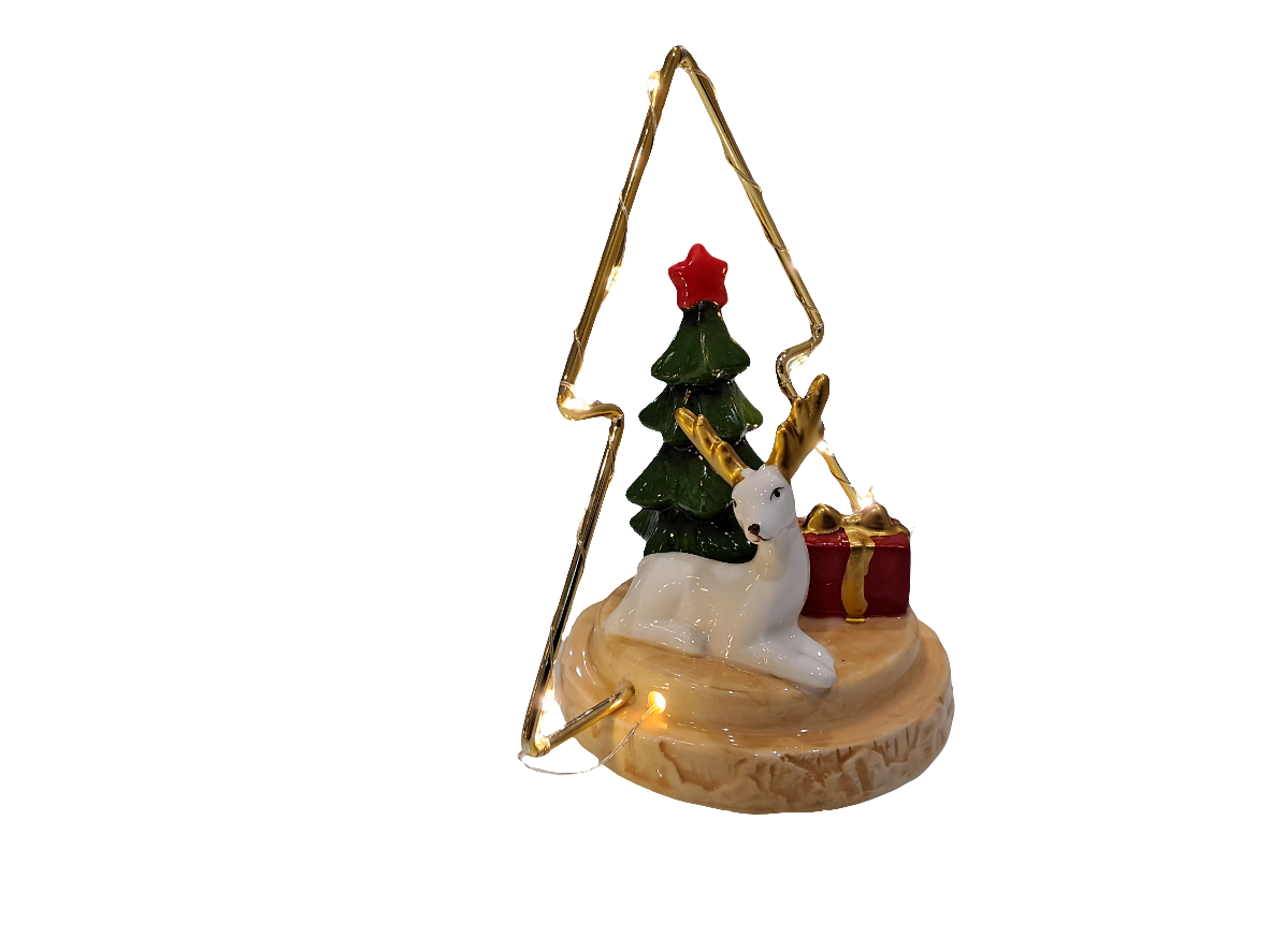 Decorazione natalizia in ceramica con luci led su albero in metallo
