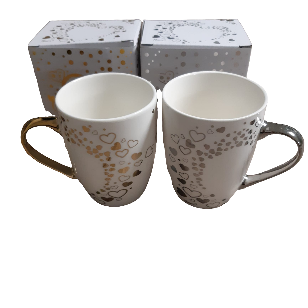 Tazza mug in porcellana con cuori oro/argento in scatola regalo