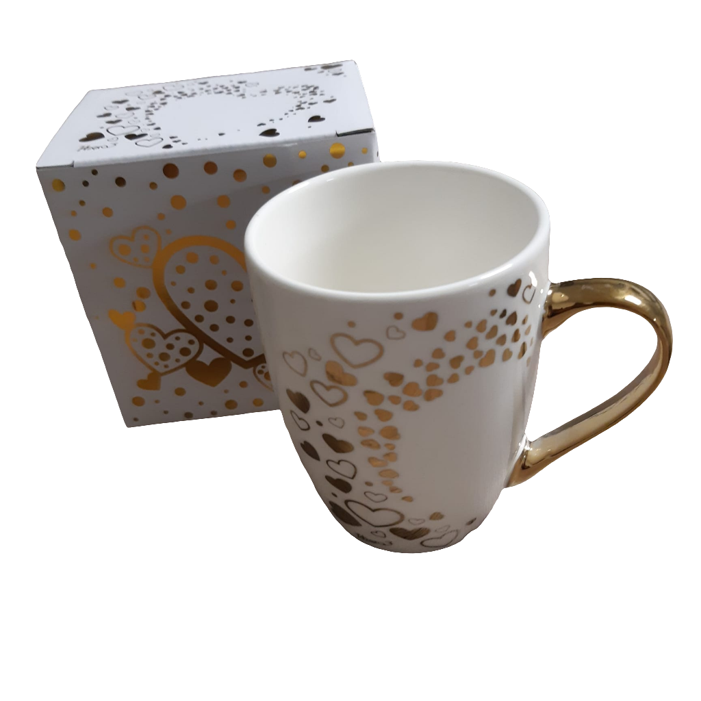 Tazza mug in porcellana con cuori oro/argento in scatola regalo
