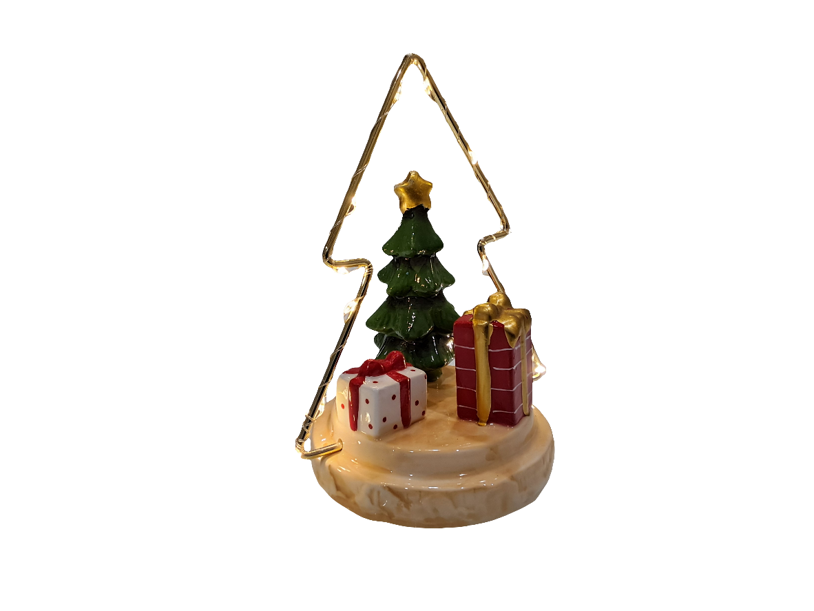 Decorazione natalizia in ceramica con luci led su albero in metallo