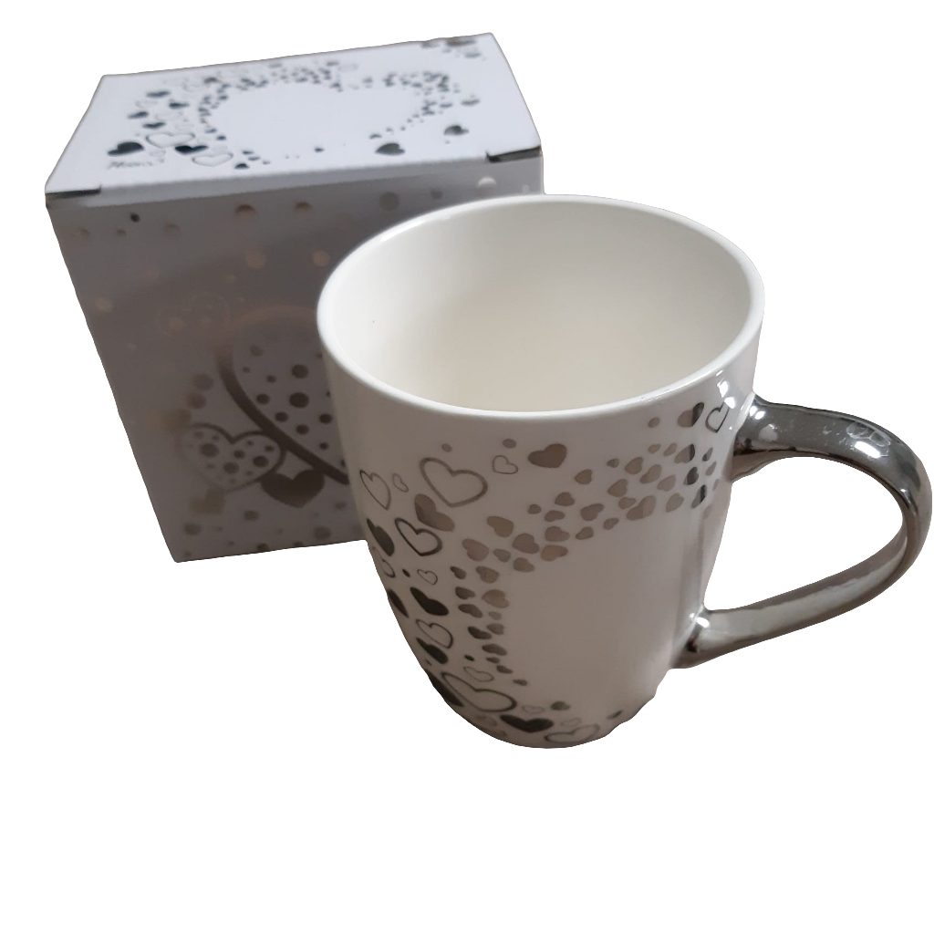 Tazza mug in porcellana con cuori oro/argento in scatola regalo