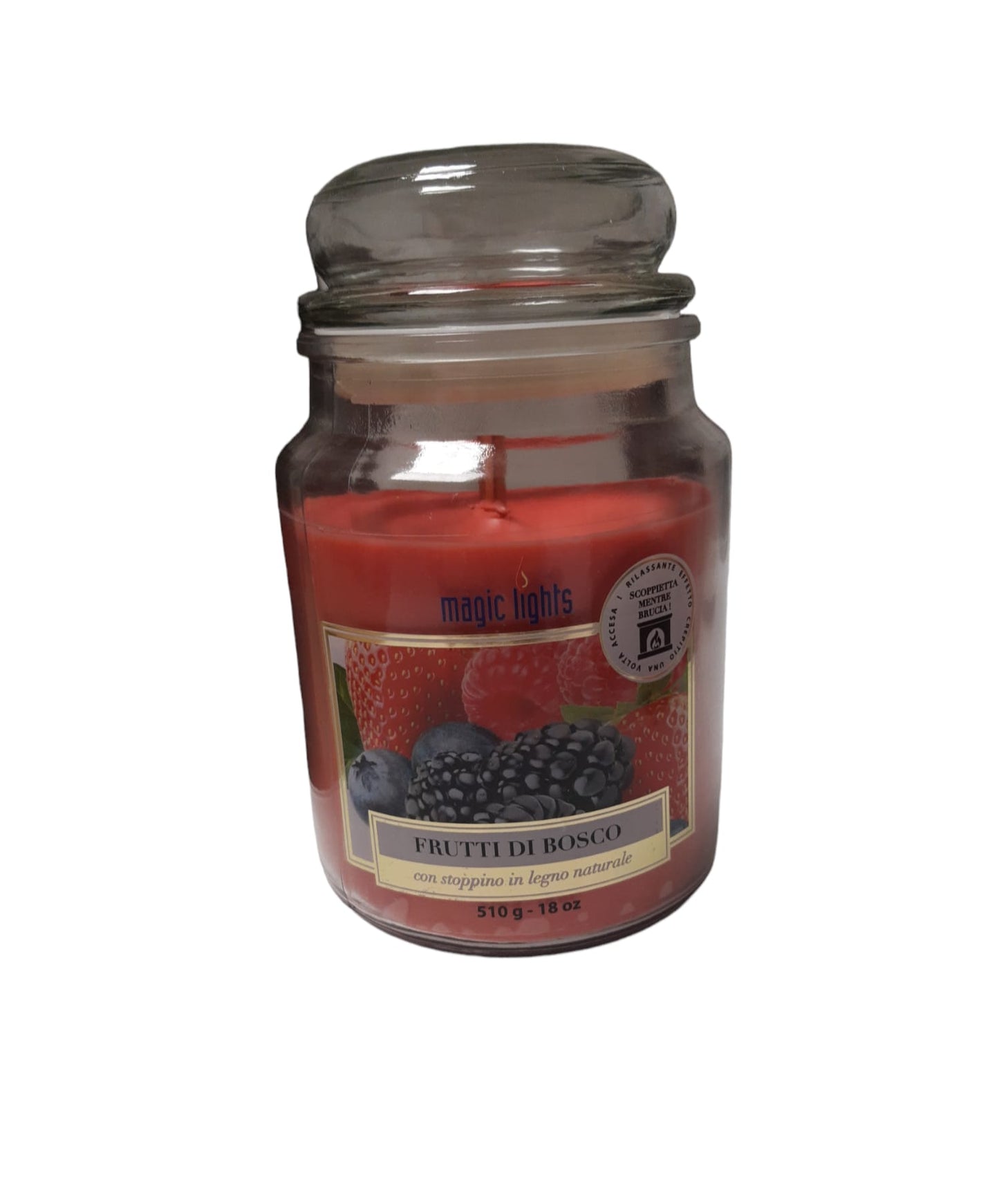 Candela rossa con stoppino in legno naturale ai frutti di bosco 510g