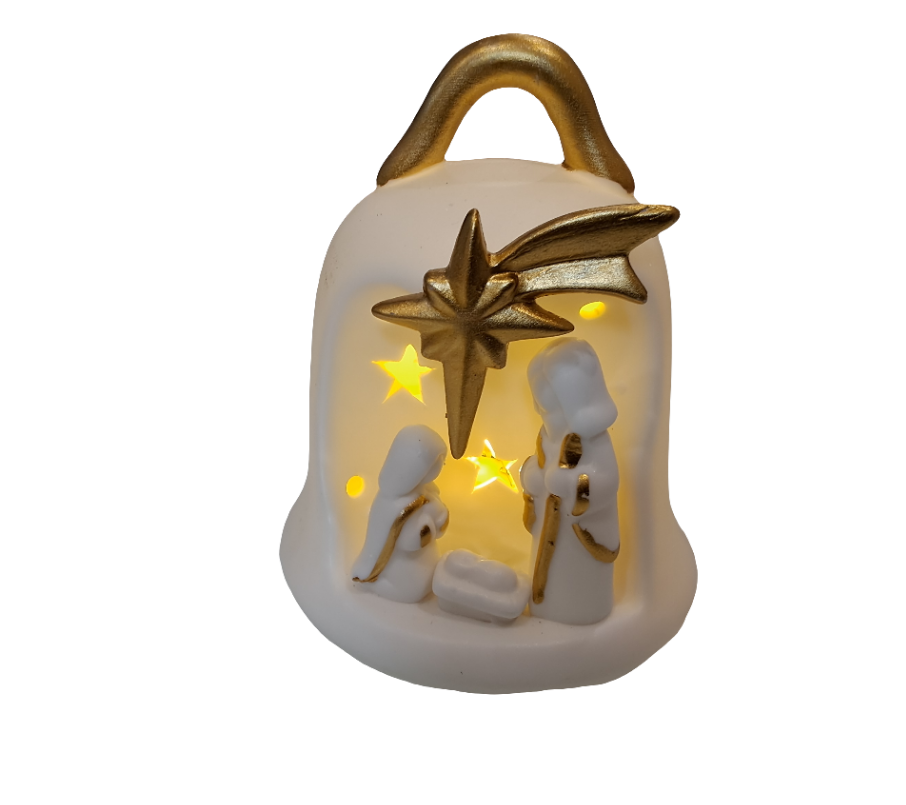 Presepe in ceramica con dettagli oro luci led