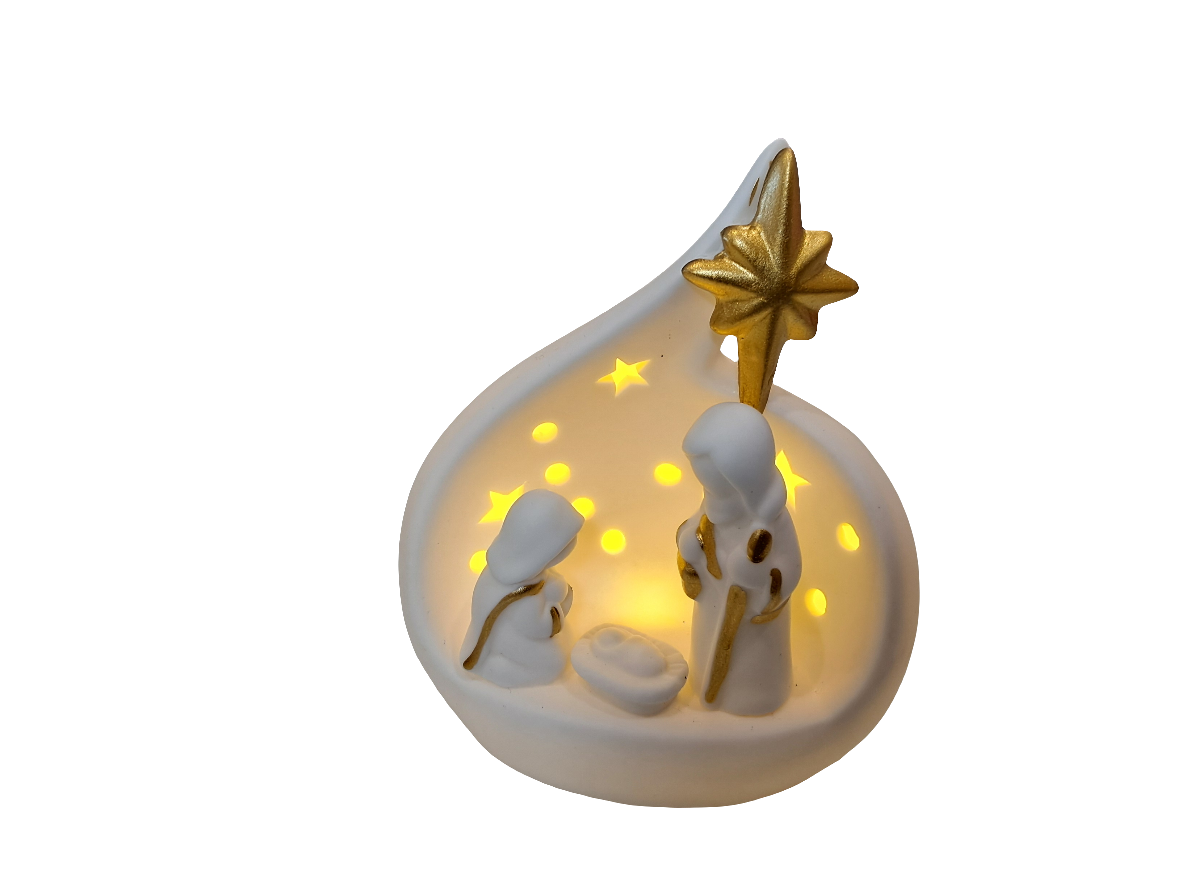 Presepe in ceramica con dettagli oro luci led